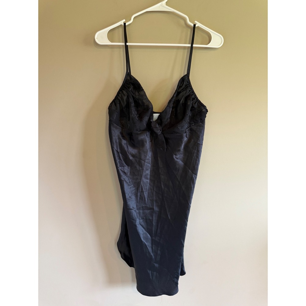 Vintage Laura Gayle Black Satin Chemise Nightgown Floral Bust Tie Front Large